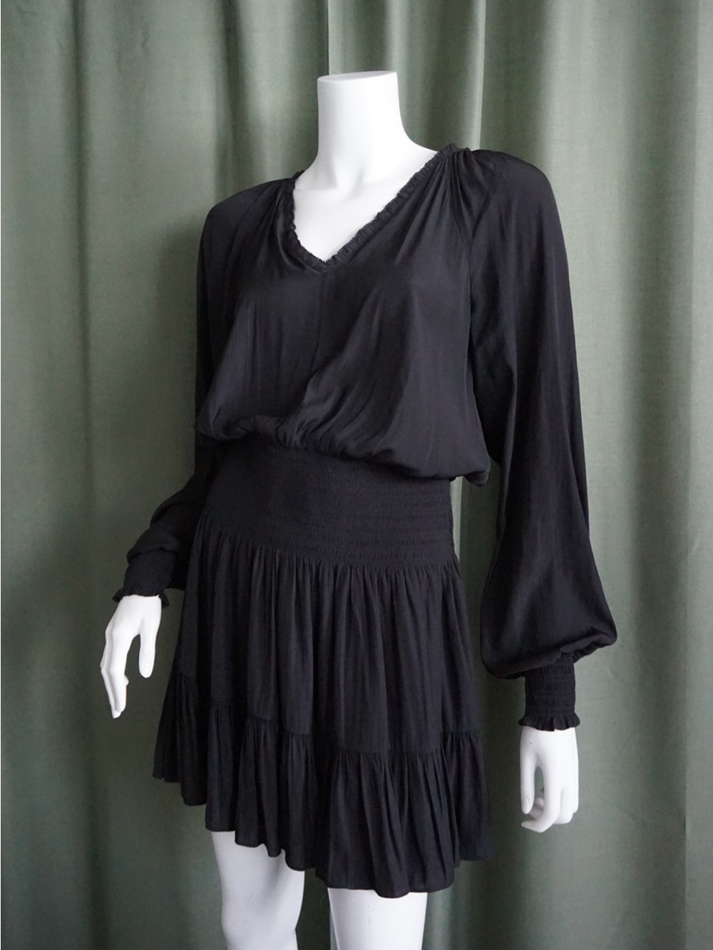 Ramy Brook Black Drop Waist V-Neck Sheath Mini Shirred Dress - Size Medium